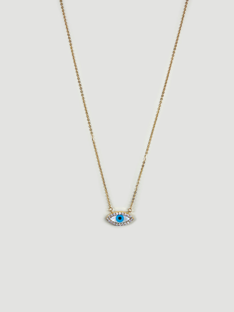 YELLOW GOLD EVIL EYE CUBIC ZIRCONIA PENDANT NECKLACE WITH